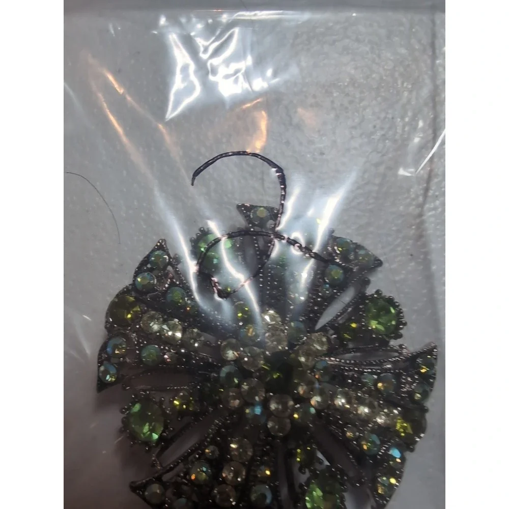 Maltese Cross Brooch Green Rhinestone